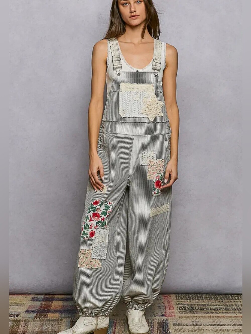 POL Striped Overalls with Floral Patchwork in Cream and Green NWOT